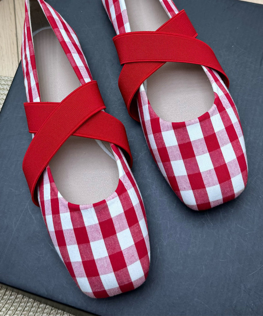 Yellow Plaid Cotton Fabric Women Splicing Flat Shoes