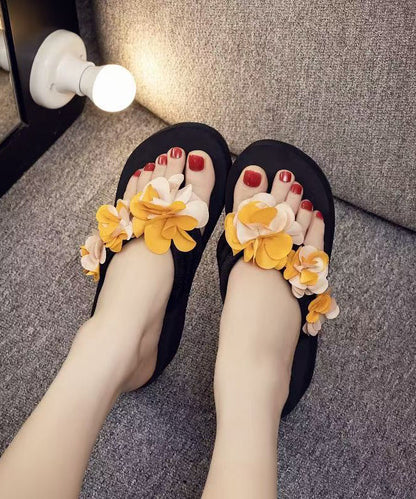 Yellow Platform Faux Leather Elegant Flower Thong Sandals