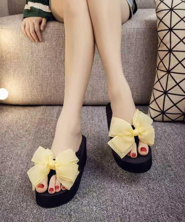 Yellow Platform Faux Leather Handmade Bow Flip Flops
