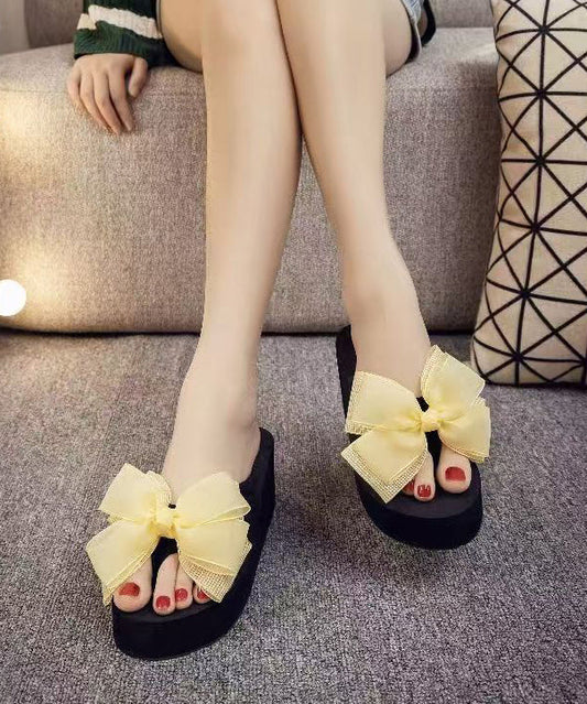 Yellow Platform Faux Leather Handmade Bow Flip Flops