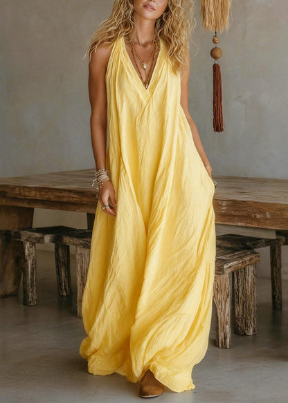 Yellow Pockets Patchwork Solid Long Dresses Summer
