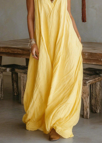 Yellow Pockets Patchwork Solid Long Dresses Summer