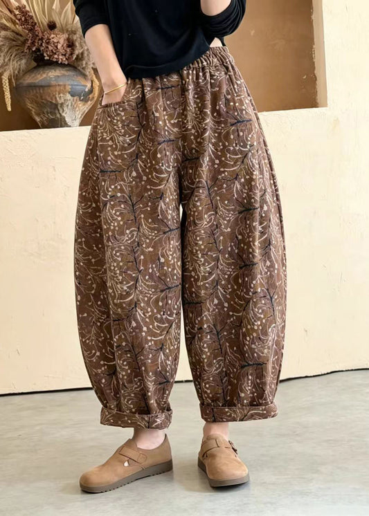 Yellow Pockets Print Elastic Waist Lantern Crop Pants Fall