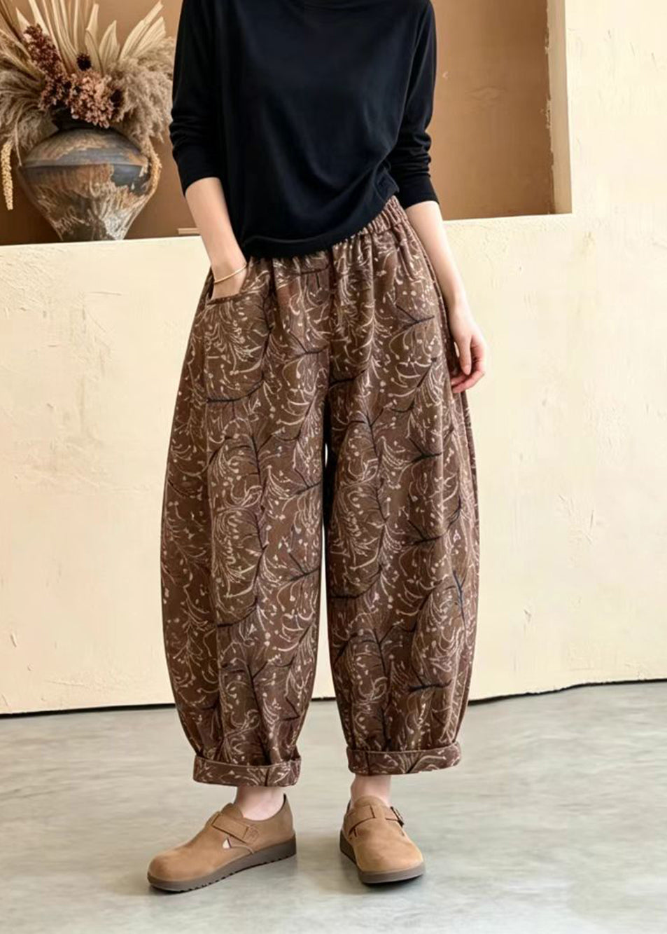Yellow Pockets Print Elastic Waist Lantern Crop Pants Fall