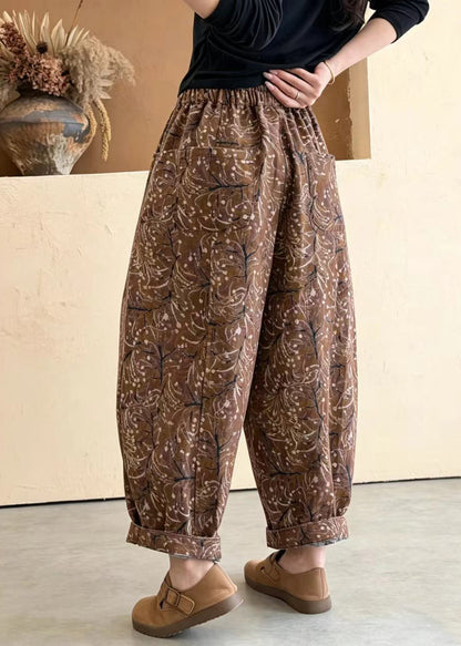 Yellow Pockets Print Elastic Waist Lantern Crop Pants Fall
