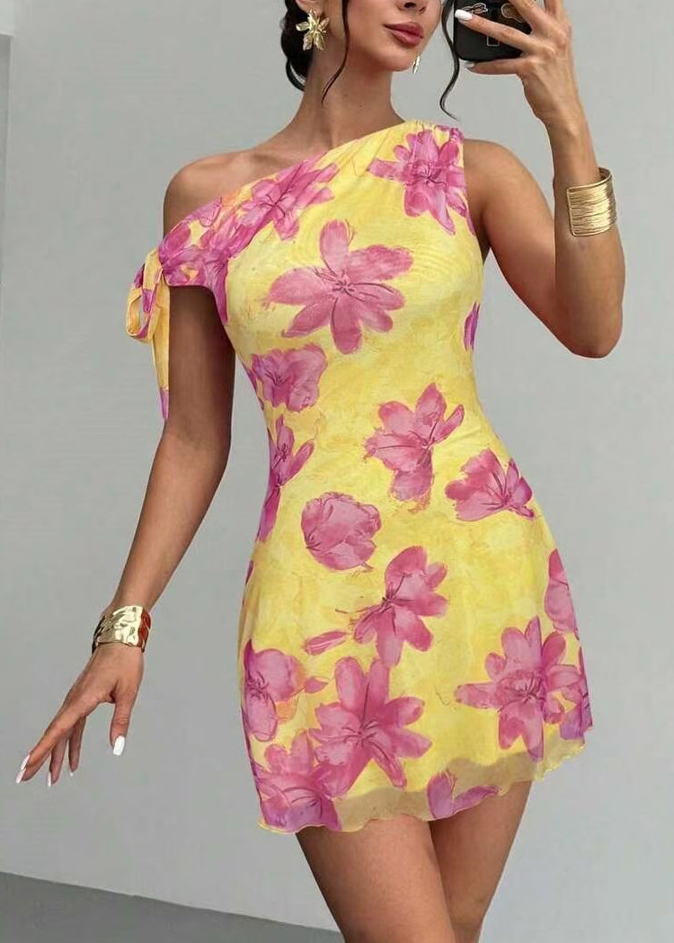 Yellow Print Chiffon Vacation Dress One Shoulder Summer