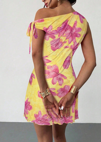 Yellow Print Chiffon Vacation Dress One Shoulder Summer