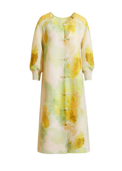 Yellow Print Long Dresses Chinese Button Side Open Summer