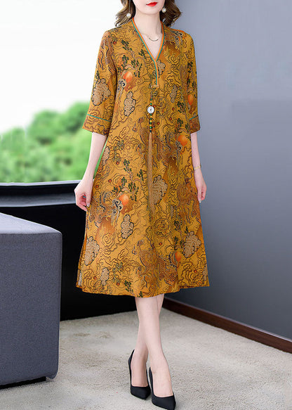Yellow Print Patchwork Silk Mid Dresses Tasseled V Neck Summer