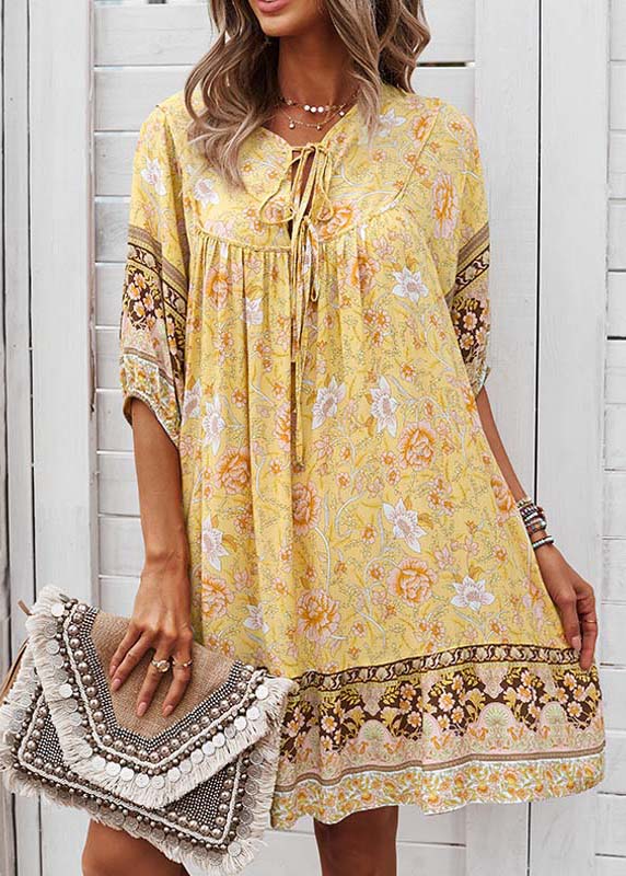 Yellow Print Tie Lace Beach Mid Dress Half Sleeve