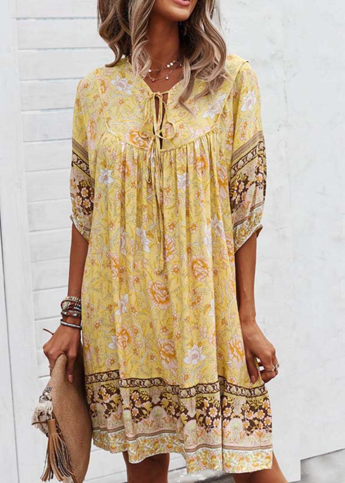 Yellow Print Tie Lace Beach Mid Dress Half Sleeve