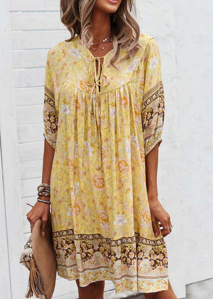 Yellow Print Tie Lace Beach Mid Dress Half Sleeve