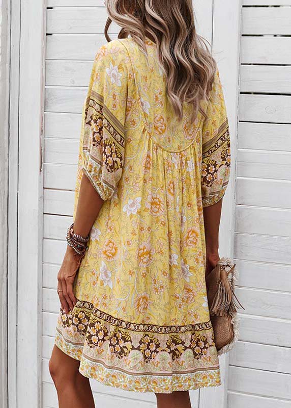 Yellow Print Tie Lace Beach Mid Dress Half Sleeve