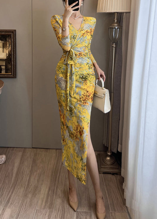 Yellow Print Tulle Party Dress Side Open Summer