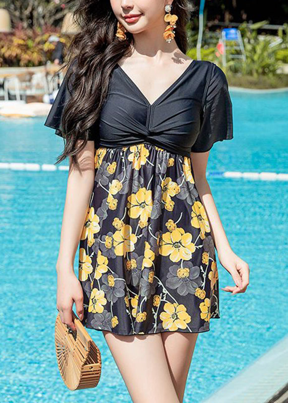 Yellow Print Wrinkled Slips Lingerie Set Swimwear