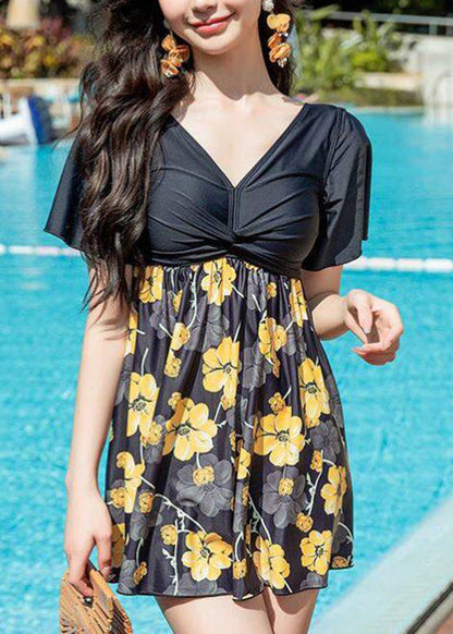 Yellow Print Wrinkled Slips Lingerie Set Swimwear
