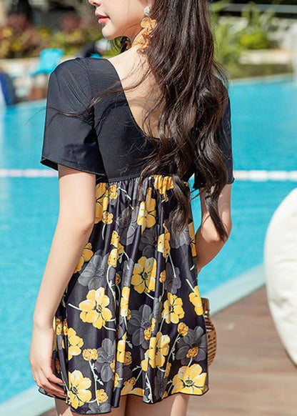Yellow Print Wrinkled Slips Lingerie Set Swimwear