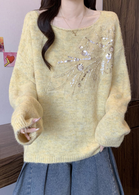 Yellow Sequins Solid Knit Winter Sweater Tops O Neck