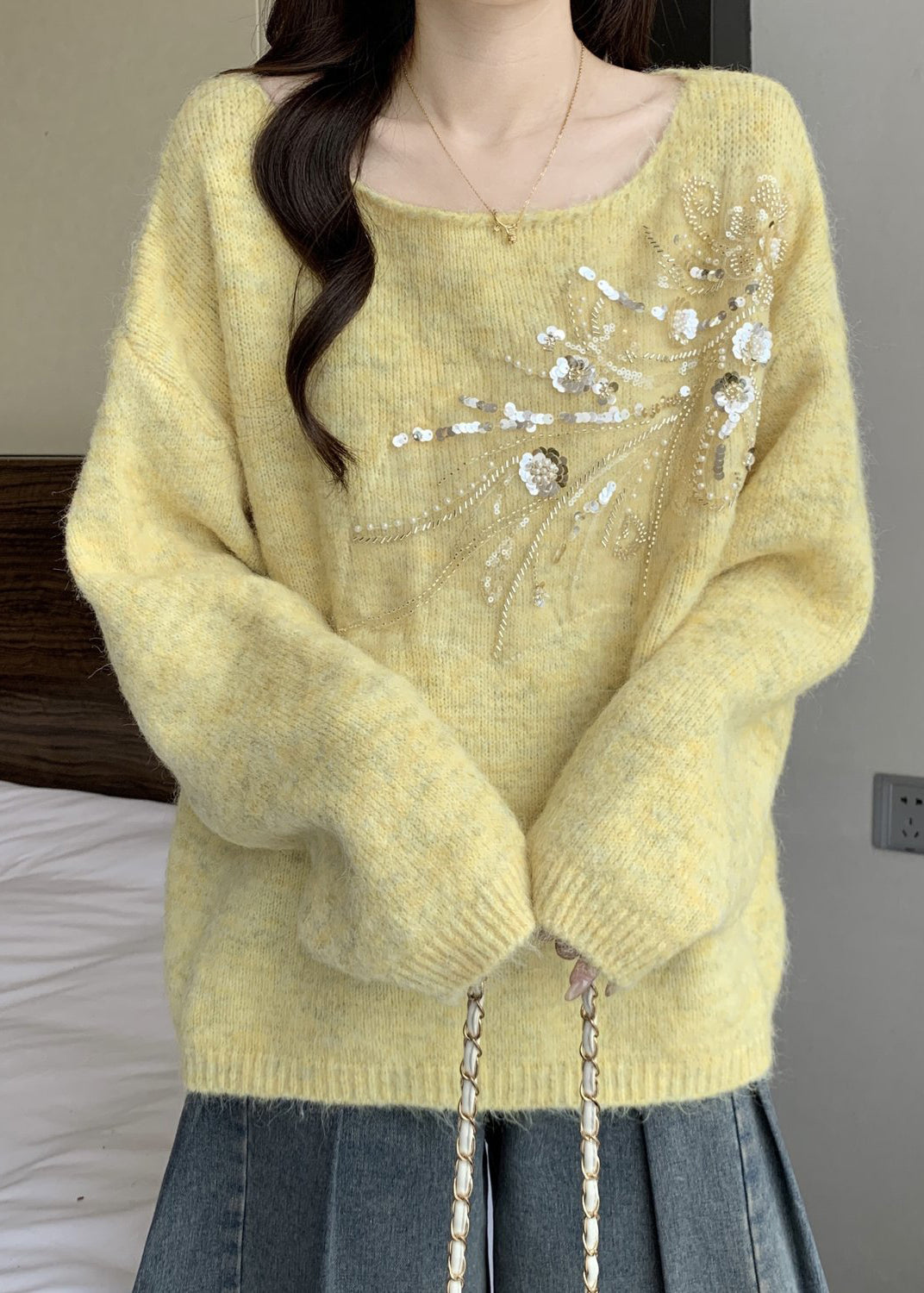 Yellow Sequins Solid Knit Winter Sweater Tops O Neck