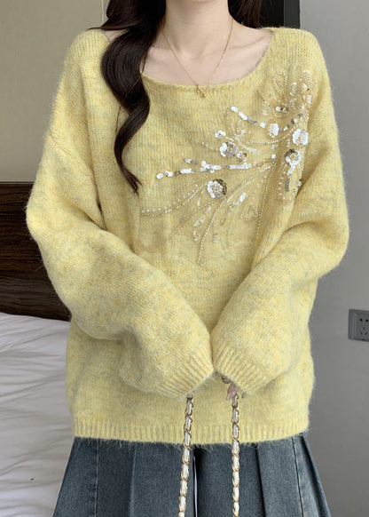 Yellow Sequins Solid Knit Winter Sweater Tops O Neck
