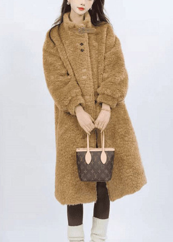 Yellow Stand Collar Button Leather And Fur Long Parka Winter