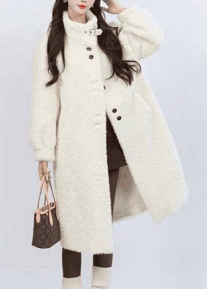 Yellow Stand Collar Button Leather And Fur Long Parka Winter