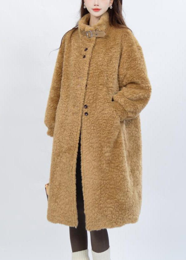 Yellow Stand Collar Button Leather And Fur Long Parka Winter