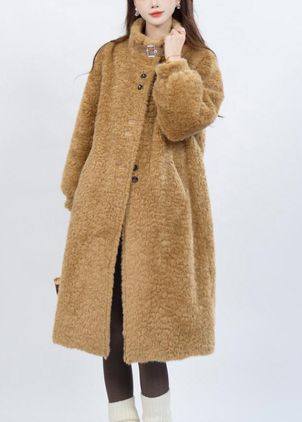 Yellow Stand Collar Button Leather And Fur Long Parka Winter