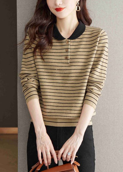 Yellow Striped Button Knit Sweaters Peter Pan Collar