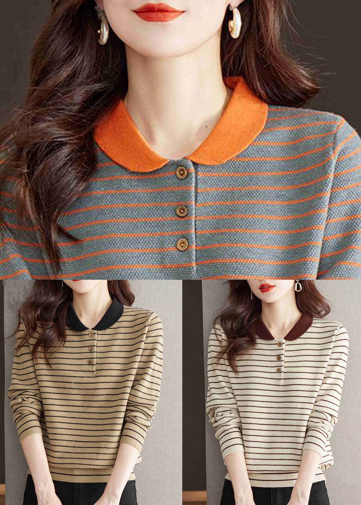 Yellow Striped Button Knit Sweaters Peter Pan Collar