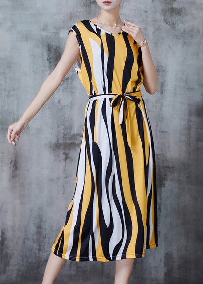 Yellow Striped Chiffon Holiday Dress Sleeveless