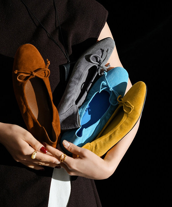 Yellow Suede Bow Splicing Comfy Flat Shoes For Women
