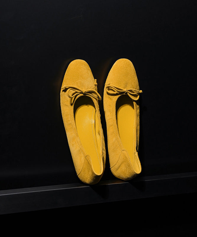 Yellow Suede Bow Splicing Comfy Flat Shoes For Women