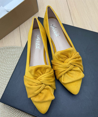 Yellow Suede Bow Splicing Penny Loafers Pointed Toe Plus Size