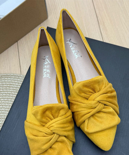 Yellow Suede Bow Splicing Penny Loafers Pointed Toe Plus Size