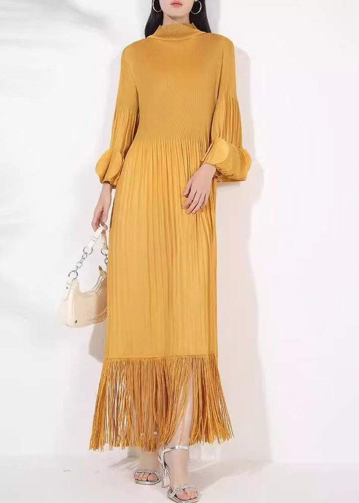 Yellow Tasseled Cotton Long Dress Turtleneck Petal Sleeve