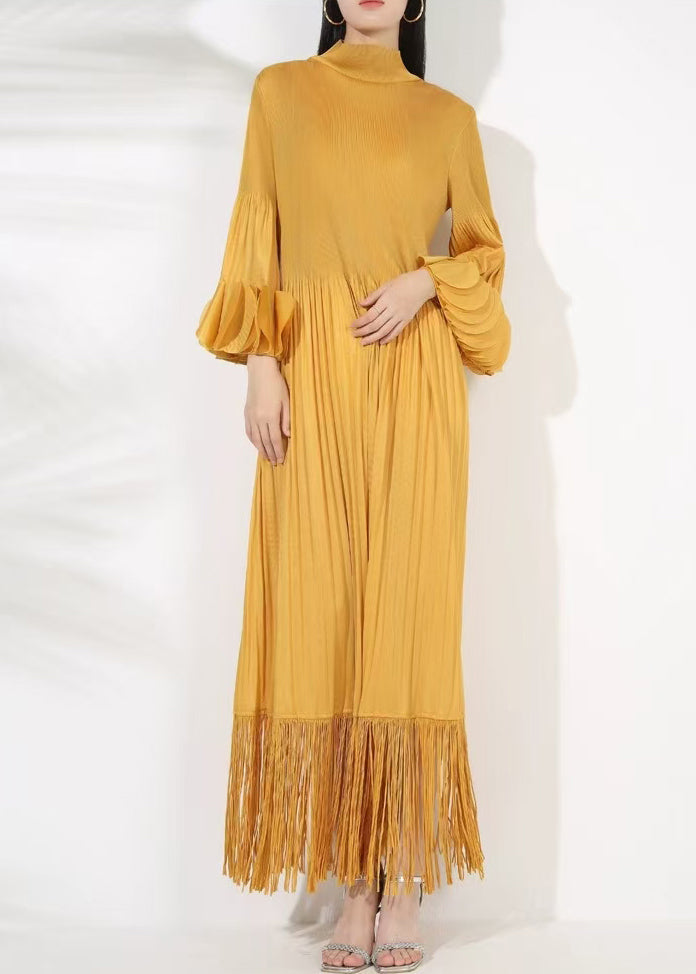Yellow Tasseled Cotton Long Dress Turtleneck Petal Sleeve