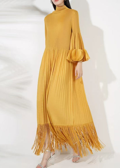 Yellow Tasseled Cotton Long Dress Turtleneck Petal Sleeve
