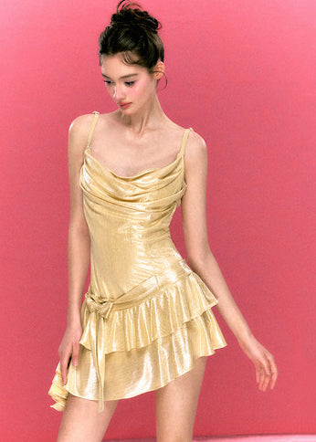 Yellow Tea Dress Asymmetrical Design Bow Summer