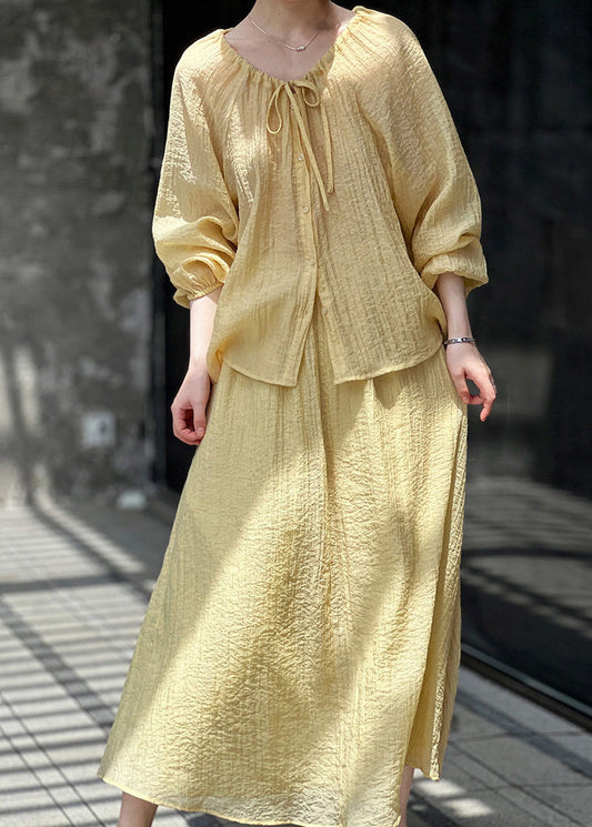 Yellow Tie Lace Solid Top And Maxi Skirts Two-Piece Set Fall