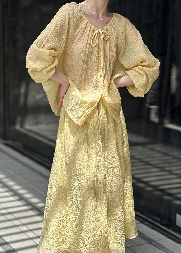 Yellow Tie Lace Solid Top And Maxi Skirts Two-Piece Set Fall
