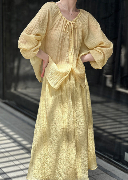 Yellow Tie Lace Solid Top And Maxi Skirts Two-Piece Set Fall