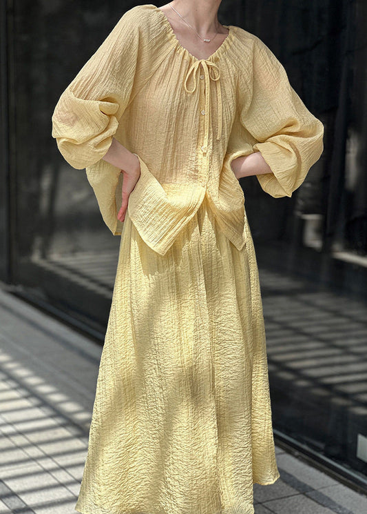 Yellow Tie Lace Solid Top And Maxi Skirts Two-Piece Set Fall