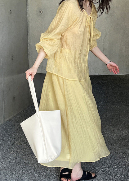 Yellow Tie Lace Solid Top And Maxi Skirts Two-Piece Set Fall