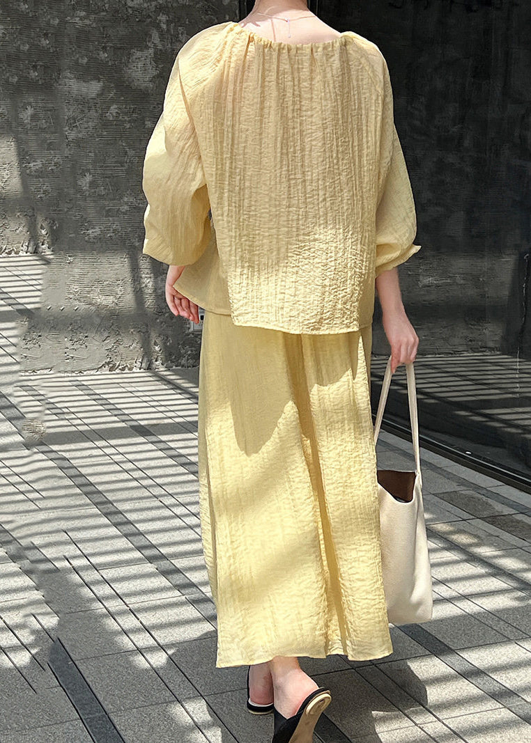 Yellow Tie Lace Solid Top And Maxi Skirts Two-Piece Set Fall