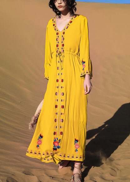Yellow Tie Waist Cotton Fall Long Dress Embroidered