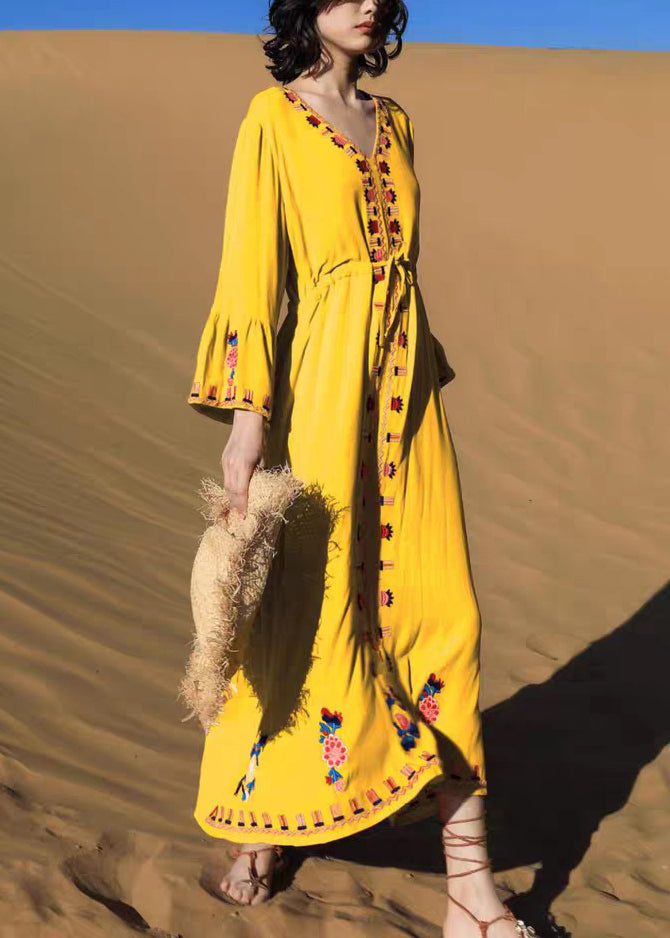 Yellow Tie Waist Cotton Fall Long Dress Embroidered