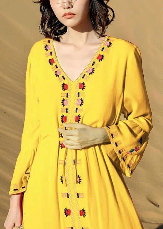 Yellow Tie Waist Cotton Fall Long Dress Embroidered