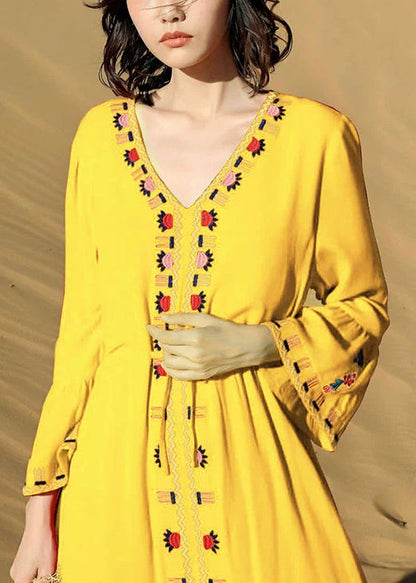 Yellow Tie Waist Cotton Fall Long Dress Embroidered