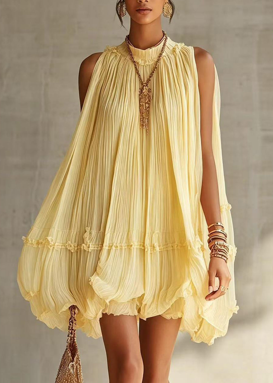 Yellow Vacation Dress Halter Wrinkled Wide Swing Sleeveless